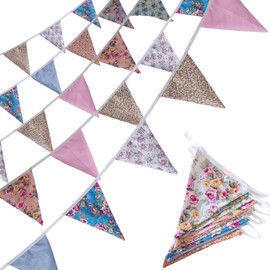 Quirki Fabric Bunting Floral Vintage Banner Garland 40ft Multicolour Reusable Cotton Bunting Triangle Flags for Indoor Outdoor Nursery Bedroom Birthday Afternoon Tea Wedding Party Decoration