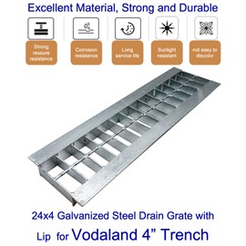 DuuMuut Galvanized Steel Drain Grate with Lip 24x4 for Vodaland 4” Trench, Outdoor Drain Cover, B Class Replacement Sewer Grate Durable, Sliver Rectangle Drainage Grate for Driveway, Concrete, Yard