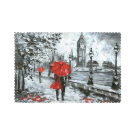 London Placemats Set of 6,Westminster Big Ben Place Mats Heat Love Red Tree Lover Couple Red Umbrella Table Mat Polyester Kitchen Place Mats for Dining Table