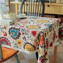 Superwinger Vintage Lace Sun Flower Tablecloth,Linen Embroidered Rectangle Washable Dinner Picnic Table Cloth,Assorted Size.