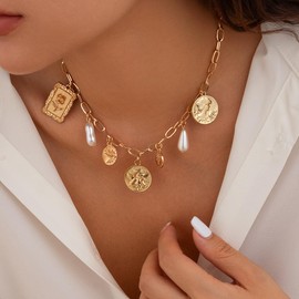 Charm Necklace for Women,Chunky Vintage Gold Bow Boot Cross Seashell Pearl Pendant Choker Neclace Trendy Charm Fashion Festive Holiday Beach Jewelry (C)