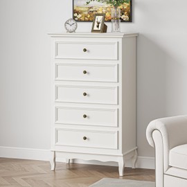 May in Color White 5 Drawer Dresser for Bedroom, Modern Storage Closet Cabinet Organizerwith Solid Wood Legs and Painted Finish, Wooden Tall Chest of Drawersfor Living Room, Hallway