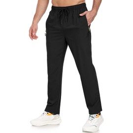 ZOOXING Mens Athletic Pants Lightweight Quick Dry Workout Hiking Exercise Pants Water Resistant Polyester Elastic Waist Sweatpants with Zipper Pockets Black-S
