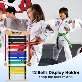 OGANAZI 12 Belts Karate Belt Display Rack with Stickers, Detachable Taekwondo Belt Display Holder with Side Medal Rack, Easy Assembly Martial Arts Belts Holder for BJJ, Jiu Jitsu, TKD Learners (Wood)