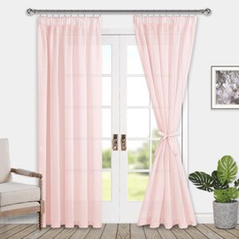 DWCN Pink Sheer Curtains with Tiebacks Semi Transparent Voile Pencil Pleat Curtains for Bedroom and Living Room 2 Panels, Pink, W55 x L96 Inch