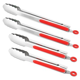 304 Stainless Steel Kitchen Cooking Tongs, 9" and 12" Set of 4 Sturdy Grilling Barbeque Brushed Locking Food Tongs with Ergonomic Grip, Red