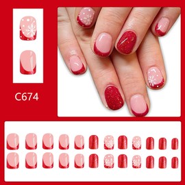 Christmas Press on Nails Square Short Length Glossy Full Cover Acrylic Square Winter False Nails with Snowflake Designs Artificial Xmas Holiday Fake Nails Glue ons Fingernails for Women Girls(C674)