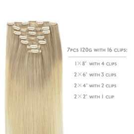 WENNALIFE Hair Extensions Clip In, 14 Inch 120g 7pcs Clip in Hair Extensions Real Human Hair Ombre Ash Blonde to Golden Blonde Balayage Platinum Blonde Clip In Real Hair Extensions