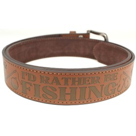I'd Rather Be Fishing Leather Belt Strap and Metal Buckle 1.5" Wide with Snaps - Great Gift for Dad, Grandpa, Brother, Husband Fisher Trout Bass Tuna Catfish (Brown-S)