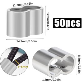 SWTYExt 6mm Wire Rope Crimping Sleeves Aluminum 50pcs Cable Crimps Sleeves Clip Wire Clamp Fittings for 5mm/6mm Wire Rope Bungee Cord Elastic String