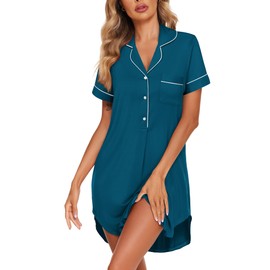 Ekouaer Women's Nightgown Button Down Nightshirt V Neck Sleepshirt Short Sleeve Sleepwear Soft Pajama Dress
