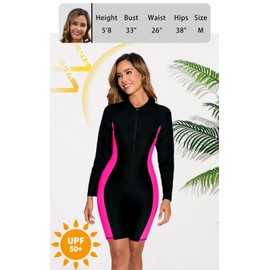 Halcurt Women's Boyleg One Piece Rash Guard with Built in Bra UPF50+ Zip Long Sleeve Full Body Modest Swimsuit Black Hot Pink on Side XL