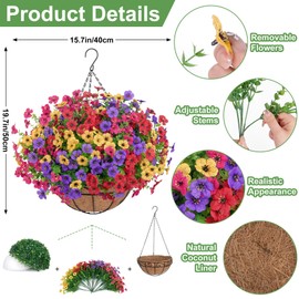 Artificial Hanging Flowers for Outdoors, UV Resistant Silk Flowers Basket Mixed Color Faux Daisy with Eucalyptus Leaves Hanging Fake Plants for Porch Balcony Patio Home Spring Summer Decoration