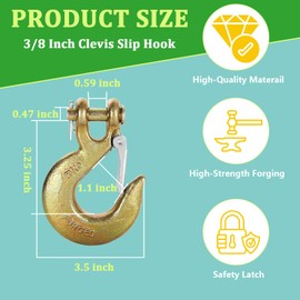 1 Pack 3/8" Heavy Duty Chain Hook, Grade 70 Forged Steel Clevis Slip Hook with Safety Latch for Trailer Truck Transport Chain, 18000 Lbs Working Load Limit, Safety Chain Hooks