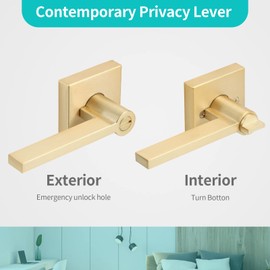 EHOMEWARE 6 Pack Door Handles, Satin Brass Door Knobs Privacy Function Without Keys, Bedroom Bathroom Door Knobs Interior for Left or Right Handed Doors, Gold Modern Door Levers