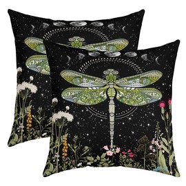 Set of 2 Wildflower Dragonfly Throw Pillow Covers, Moon Phase Botanical Cushion Case for Home Living Room Decor, Reversible Vintage Plant Nature Blossom Decorative Throw Cushion Case, 18x18 Inches