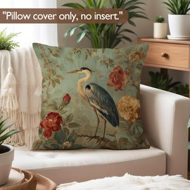 Lengues Chinoiserie Blue Heron Bird Floral Pillow Covers 18x18 inches, Bird Lover Gifts Throw Pillow Covers, Vintage Oriental Heron Botanical Decorative Pillowcases for Home Bed Living Room Couch