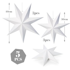 AOMOWA White Paper Star Lanterns, 7-Pointed Christmas Star Lampeshade, Foldable Paper Lanterns for Xmas Wedding Party Home Hanging Decorations, Scandinavian Decor - 40cm x 2 + 30cm x 3