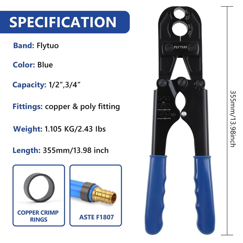 Flytuo 1/2" & 3/4" Combo PEX Crimping Tool for Copper