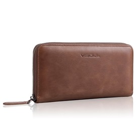 VISOUL Leather Long Zipper Pouch Wallet for Men and Women with RFID Blocking, Large Clutch Cash Long Wallet with Zipper (Brown)