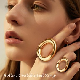 Hollow Oval Shaped Ring for Women Chunky Gold Statement Rings Stainless Steel Irregular Thick Geometric Ring