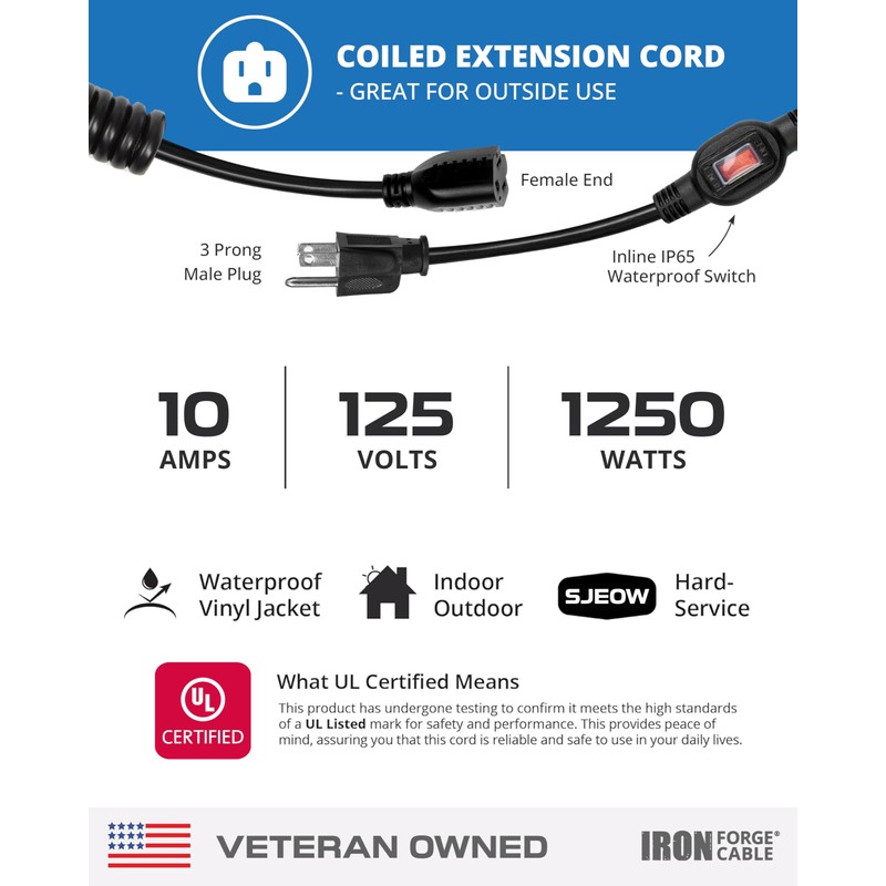 Iron Forge Cable SJEOW 20 ft Black Outdoor Coiled Extension