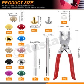 Rustark 200 Sets 7mm Double Round Cap Leather Rivets with 5Pcs Fixing Tools Kit, 10 Colors Double Cap Rivet Round Metal Studs for DIY Leather Craft Decorations