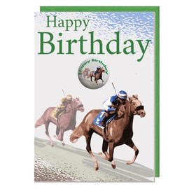 AK Giftshop Horse Racing Birthday Card With Badge