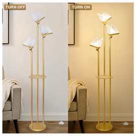 Stepeak Gold Floor Lamps for Living Room, Modern Floor Lamp with Shelves, 3 Adjustable LED Butterfly Lights, Brass Standing Lamps with Table, On/Off Switch, Corner Tall Floor Lamp for Bedroom