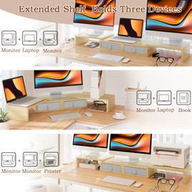 TEAMIX Dual Monitor Stand Riser - Length and Angle Adjustable Monitor Stand with 2 Drawers for 2/3 Monitors/Laptop/PC, Wood Screen/TV Stand Desk Organizer (Maple, 47.2 inch)