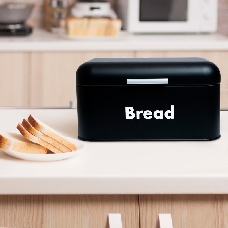 Plexon Black Bread Box for Kitchen Countertop with Lid, Metal