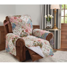 Brilliant Sunshine Peach and Olive Flowers Patchwork Quilted Recliner Slipcover, 26" Seat Width, Slip Resistant Furniture Protector, 2" Strap, Washable Reclining Chair Cover for Kids, Dogs,Peach Olive