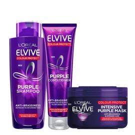 L'Oreal Paris Elvive Purple Anti-Brassiness Haircare Trio – 200ml Shampoo, 150ml Conditioner & 240ml Intensive Toning Mask Set (3-Piece Bundle)