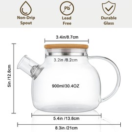 CnGlass Glass Teapot Stovetop Safe,30.4oz Clear Tea pot with Removable Filter Spout,Loose Leaf and Blooming Tea Maker