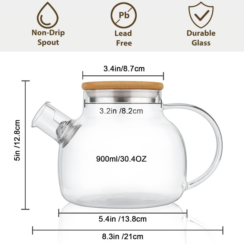 CnGlass Glass Teapot Stovetop Safe,30.4oz Clear Tea pot with Removable