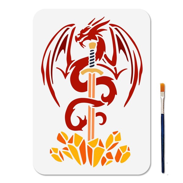 MAYJOYDIY A4 Size Flying Dragon Painting Stencil Evil Dragon Sword