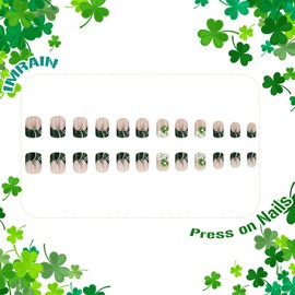 IMRAIN St. Patrick's Day Press on Nails Green French Nails Tip Short Square Fake Nails with Shamrock Designs Full Cover Glossy Glue on Nails Artificial Squoval False Nails for Women Girls 24Pcs