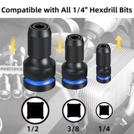 NORTOOLS 3PCS Quick Release Impact Bit Holders 1/4 Hex Converter,1/2-inch, 3/8-inch and 1/4-inch Drive Female to 1/4-Inch Hex Socket Adapter for Impact Wrench,Chuck,Cr-Mo Steel