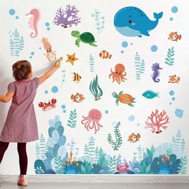 Tanlaby Under The Sea Wall Decal Ocean Fish Creatures Wall Stickers Dolphin Turtle Ocean Grass Wall Art Sticker for Kids Baby Nursery Bedroom Playroom Bathroom Wall Decor