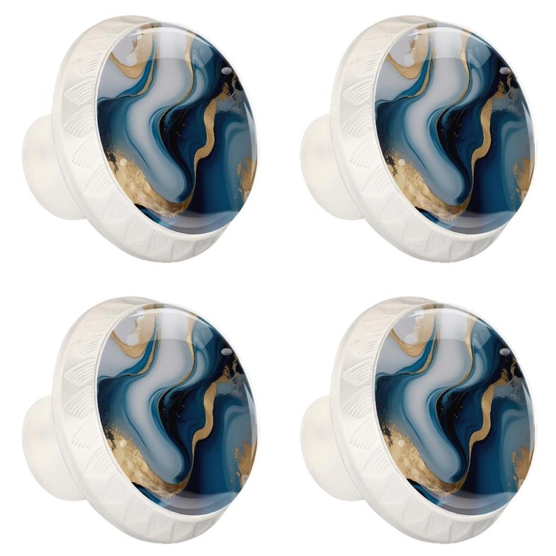 4 Pack White Cabinet Knobs, Blue Gold Marble Drawer Handles