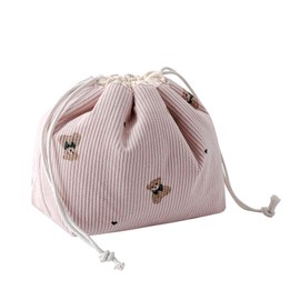 Cute Soft Corduroy Drawstring Makeup Bag with Canvas Lining, Coquette Aesthetic Drawstring Cosmetic with Bear Pattern for Women Girls, Kawaii Travel Makeup Organizer Case(01Pink Bear)