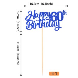 1 paquete de decoración para tarta de 60 cumpleaños con purpurina para 60 cumpleaños, decoración para tartas de 60 años, color azul