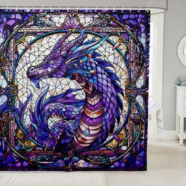 Manfei Dragon Kids Shower Curtains,Western Dragon Gothic Trippy Bathroom Curtains for Boys Girls Men,Geometric Abstract Patchwork Purple Boho Waterproof Curtains,12 Hooks Suits,72" W x 72" L