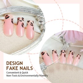 Press on Square Nails Medium Length Glossy Full Cover Acrylic French False Nails with Leopard Designs Artificial Square Shaped Fake Nails Glue ons Nails Stick on Fingernails for Women Girls