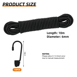 10M Elastic Cord, 1/4" Thick Shock Cord Heavy Duty 32Ft Elasticated Shock Cord Black Bungee Cords with Hooks for Caravan Camping Cargo Craft Rack (6mm x 10M, Black)