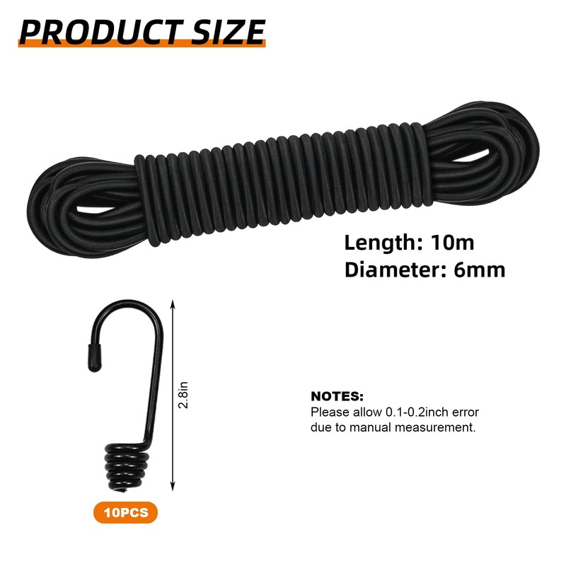 10M Elastic Cord, 1/4" Thick Shock Cord Heavy Duty 32Ft