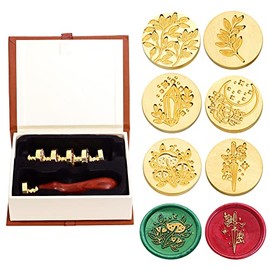 SWANGSA Wax Seal Stamp Set, Vintage 6 Pieces Flower Plant Pattern Sealing Wax Stamp Heads + 1 Wooden Handle Sealing Stamp Kit (Botanical Set)