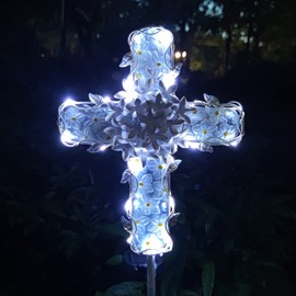 COOZZYHOUR 38Inch Solar Cross Garden Lights Outdoor Decorative - Solar Metal&Glass Cross White Hydrangea Flower Stake Lights- Waterproof 20 Warm White LED for Remembrance Gifts & Sympathy Gifts.