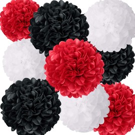 24 Pieces Tissue Paper Pom Poms Flower Ball 8 Inch and 10 Inch Paper Tissue Flower Poms Wedding Birthday Party Room Outdoor Baby Shower Decoration (Black, White and Red)