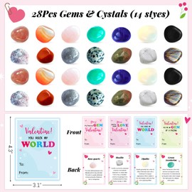 28 Pack Valentines Day Gifts for Kids Classroom Valentines Day Cards with Crystals and Gemstones for Boys Girls Party Favors Gifts Prizes